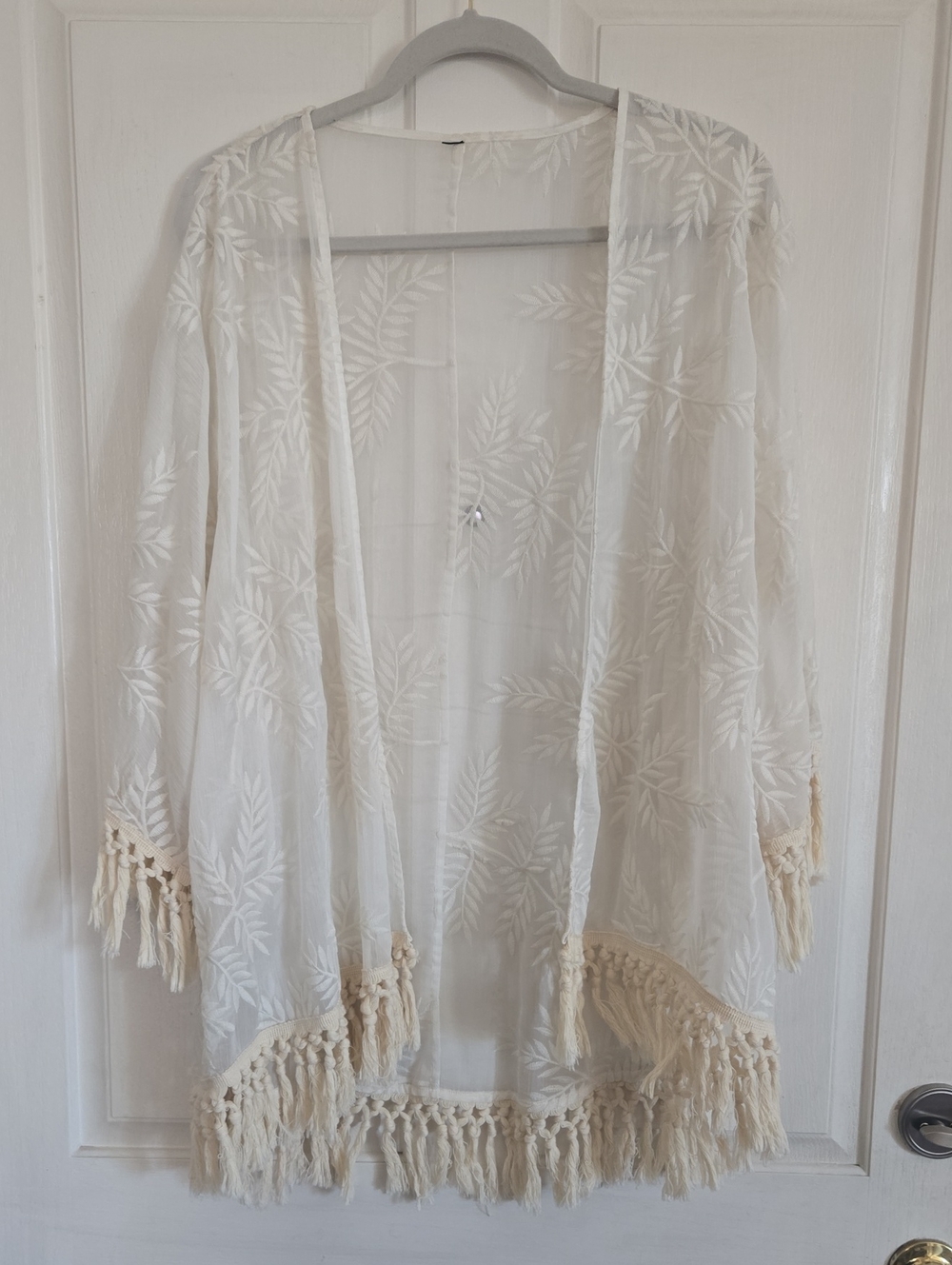 Sheer Embroidered Fringe Kimono - Ivory